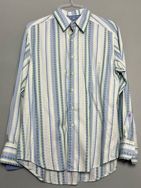 Robert Graham Mens Striped Cotton Flip Cuff Blue Long Sleeve Dress Shirt Size M